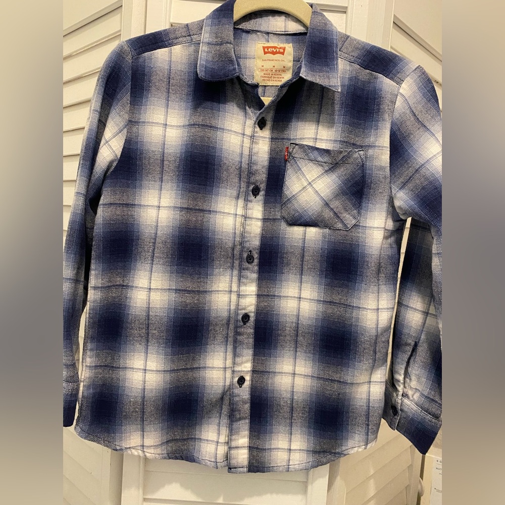 LEVI’S Boys “Plaid Flannel LongSleeve Button Up Shirt” Size Medium Blue/Gray EUC